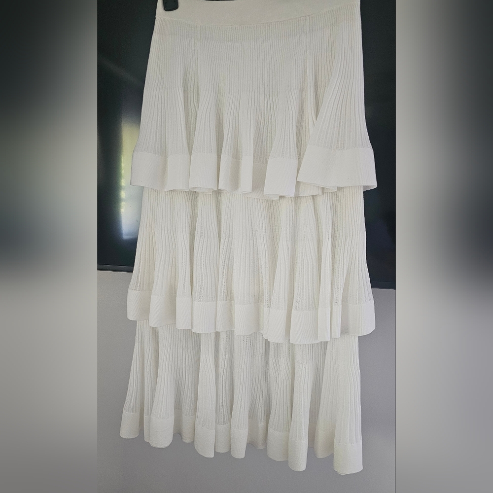 Zimmermann Cotton-Blend Rib-Knit Tiered Midi-Skirt Cream Size 2 (6-8) - Picture 12 of 14